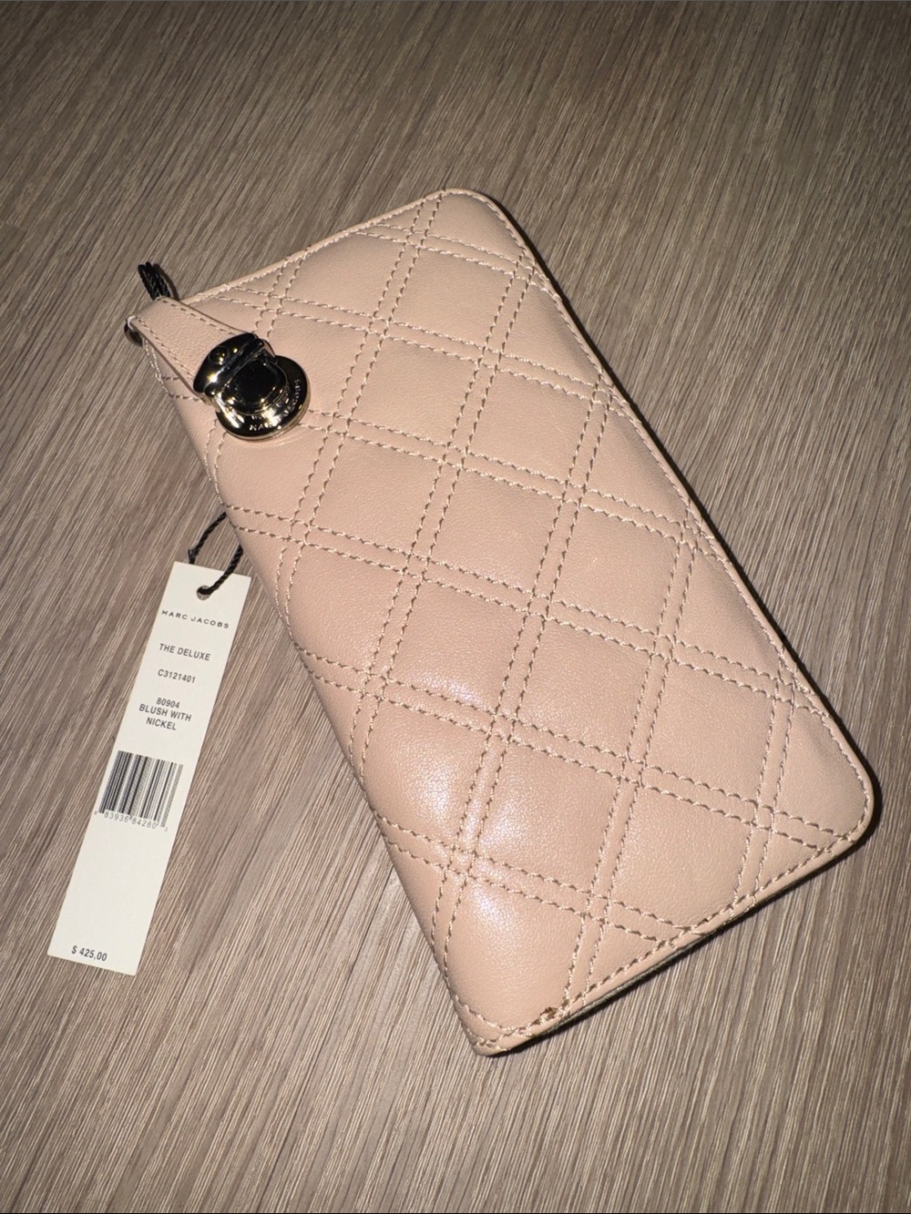 Marc Jacobs Blush Quilted Leather Zip-Around Wallet with Silver Hardware